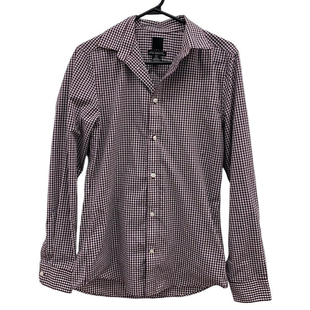 H&M Mens Burgundy Check Long Sleeve Button Up Dress Shirt Size Small​​​​